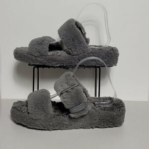 UGG FUZZ YEAH SHEEPSKIN SANDAL SLIPPER ADJUSTABLE GRAY SZ 10 1104662